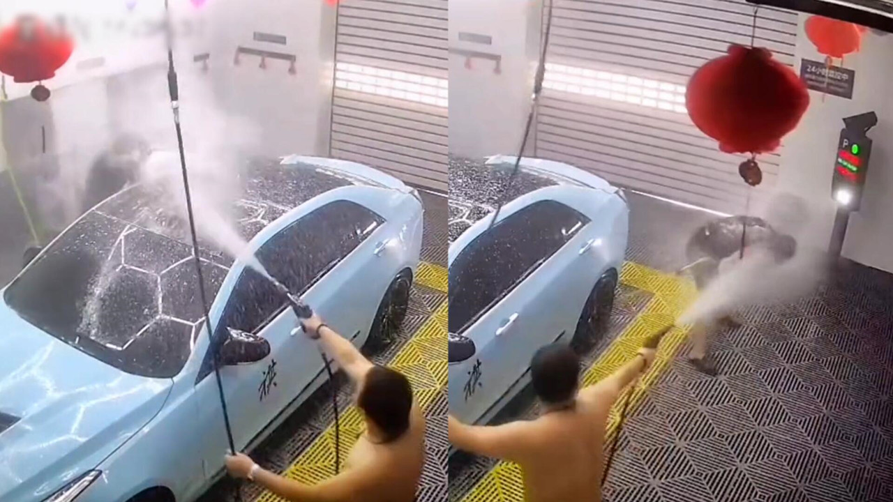 2名男子洗车时玩心大起,直接拿起水枪疯狂互呲,结局引网友爆笑
